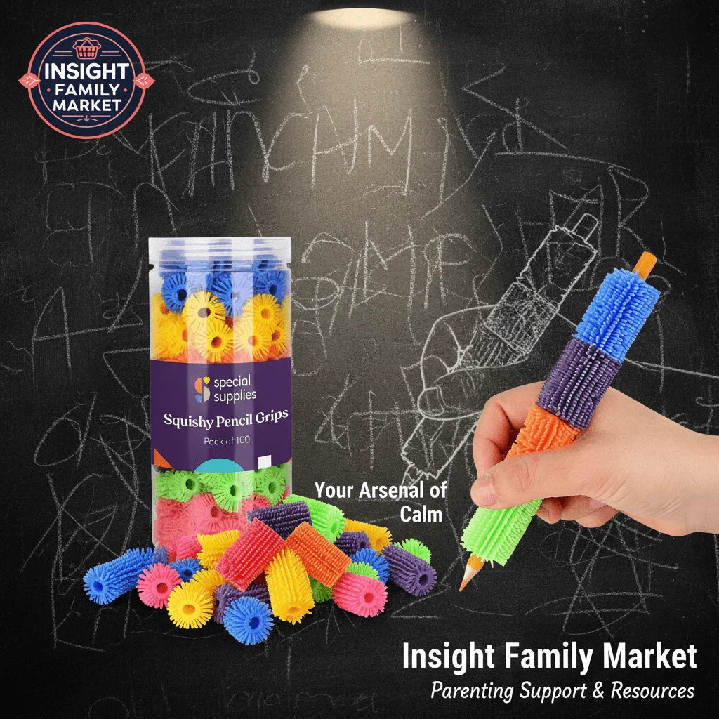 Colorful squishy pencil grips for sensory support, shown on pencils and in a jar, against chalkboard.