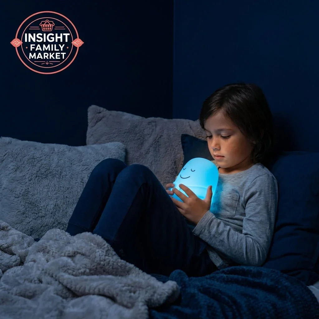 Child holding glowing sensory night light in cozy bedroom, calming aid for sleep support