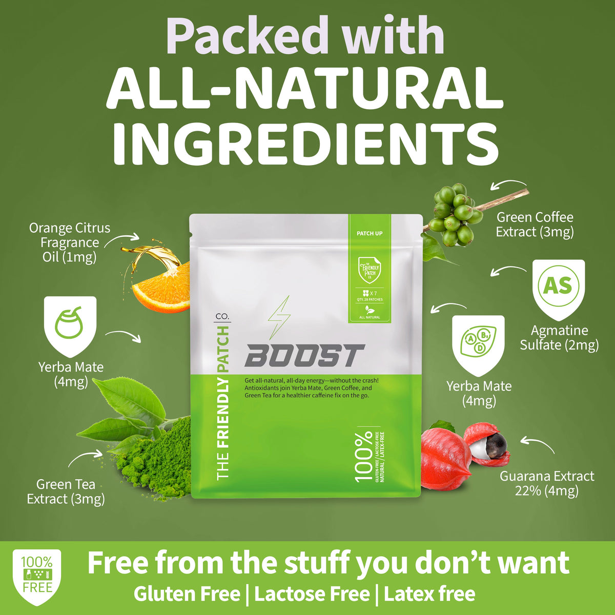 Green package labeled 'The Friendly Patch Boost' with natural ingredients listed on a green background