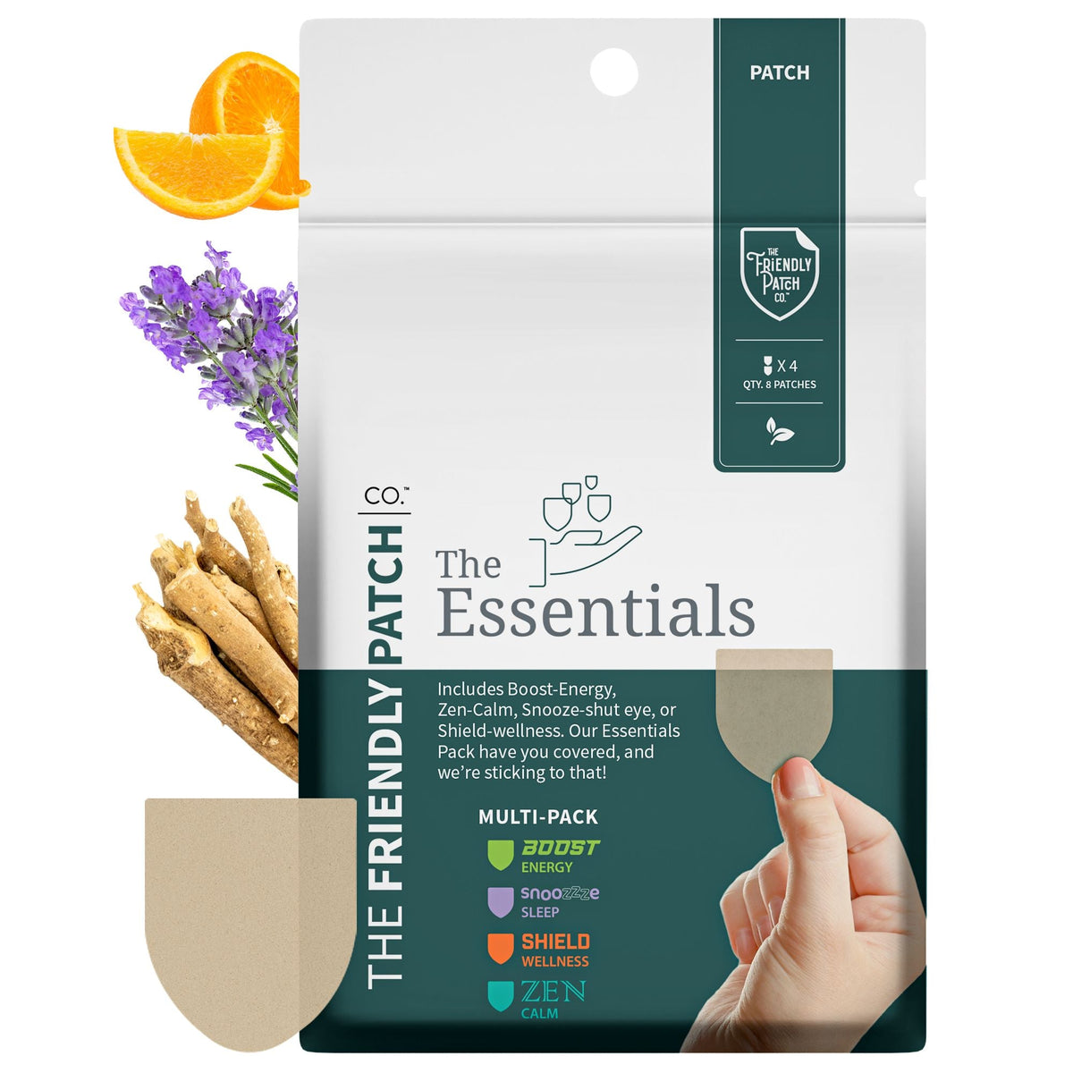 Package of 'The Friendly Patch' with images of lavender, oranges, and a patch on a white background.