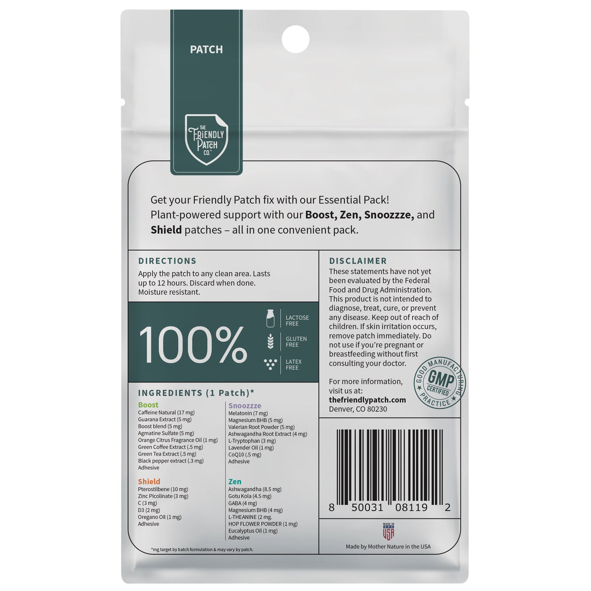 Back view of a Friendly Patch packaging with text and branding on a white background