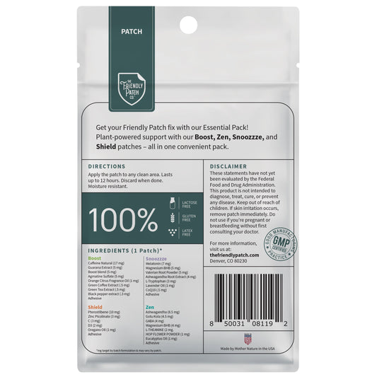 Back view of a Friendly Patch packaging with text and branding on a white background