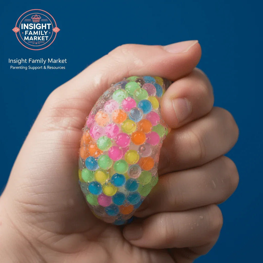 Hand squeezing a clear sensory stress ball filled with colorful beads against a blue background.