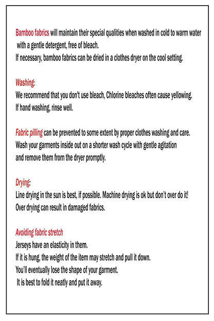 Fabric care instructions for bamboo fabrics, washing, drying, pilling, and stretch prevention.