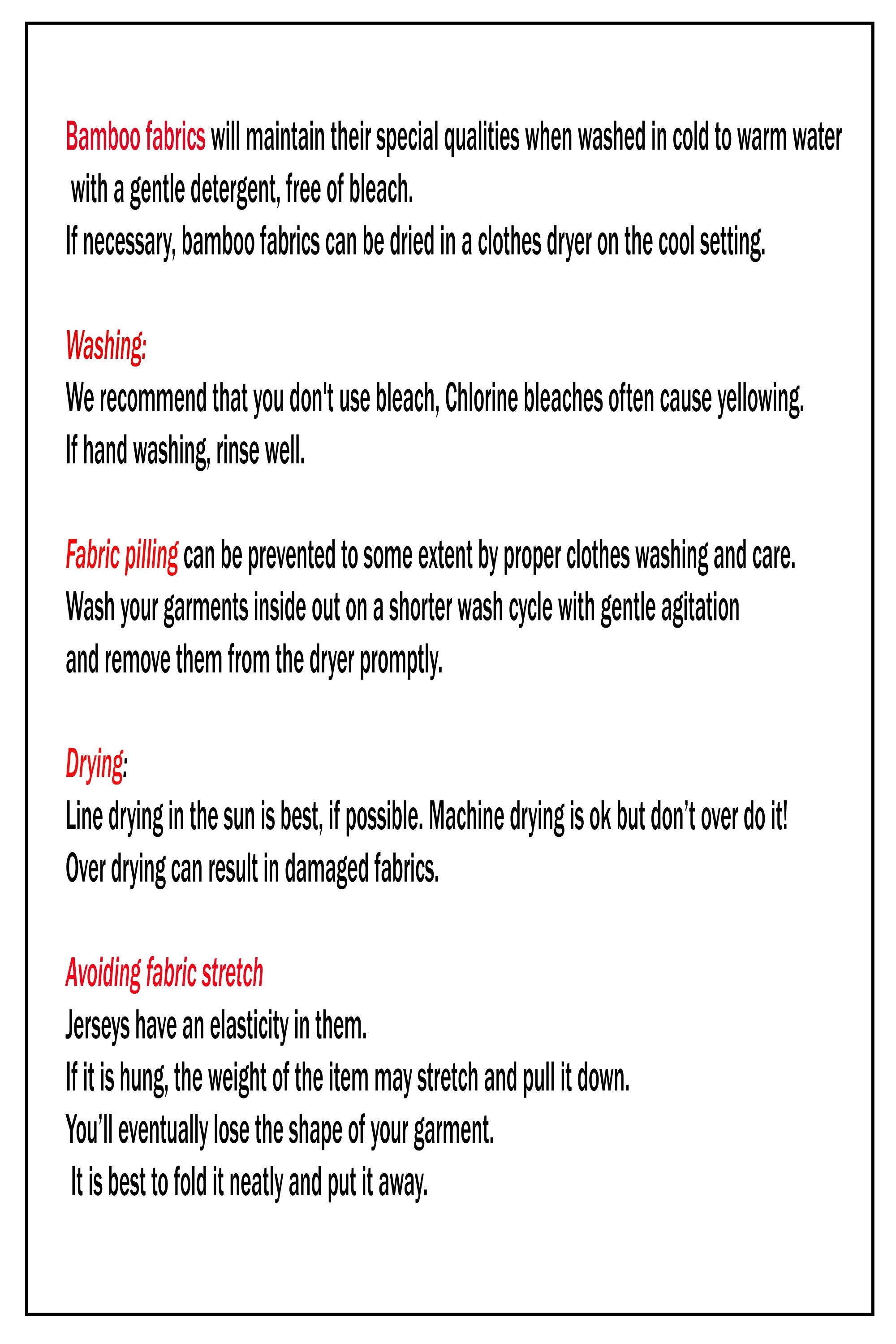 Text instructions on washing, drying, and caring for bamboo fabrics.