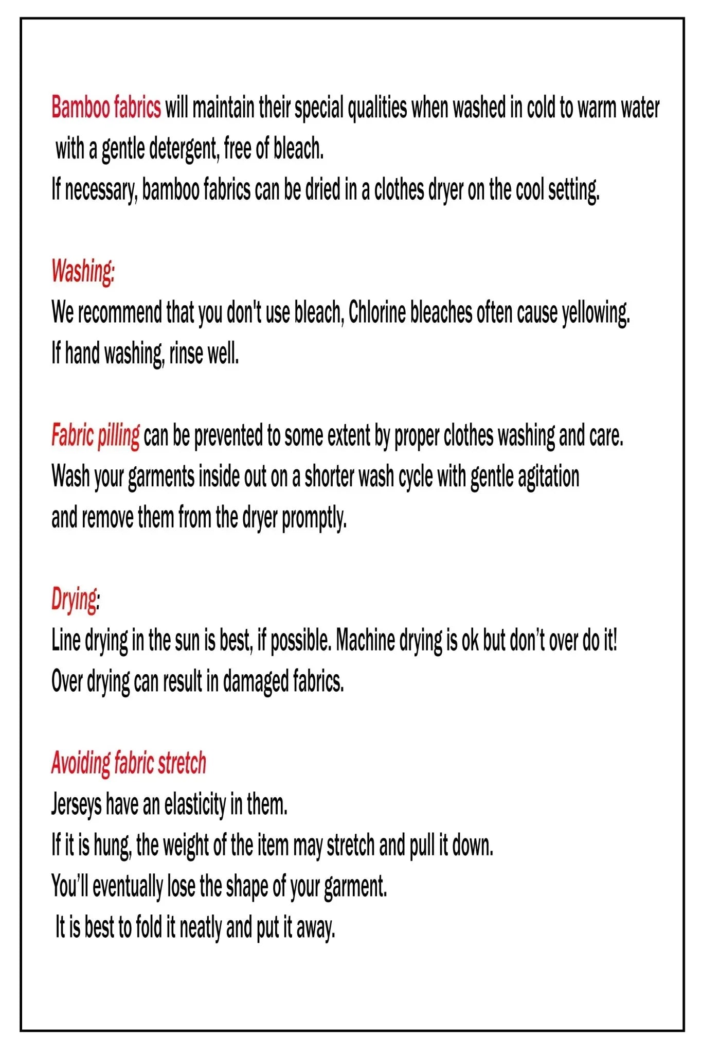 Bamboo fabric care instructions sheet with laundry tips for washing, drying, and preventing fabric pilling and stretch.