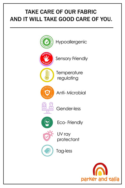List of fabric care features with icons: hypoallergenic, sensory friendly, temperature regulating, anti-microbial, genderless, eco-friendly, UV protectant, tagless.