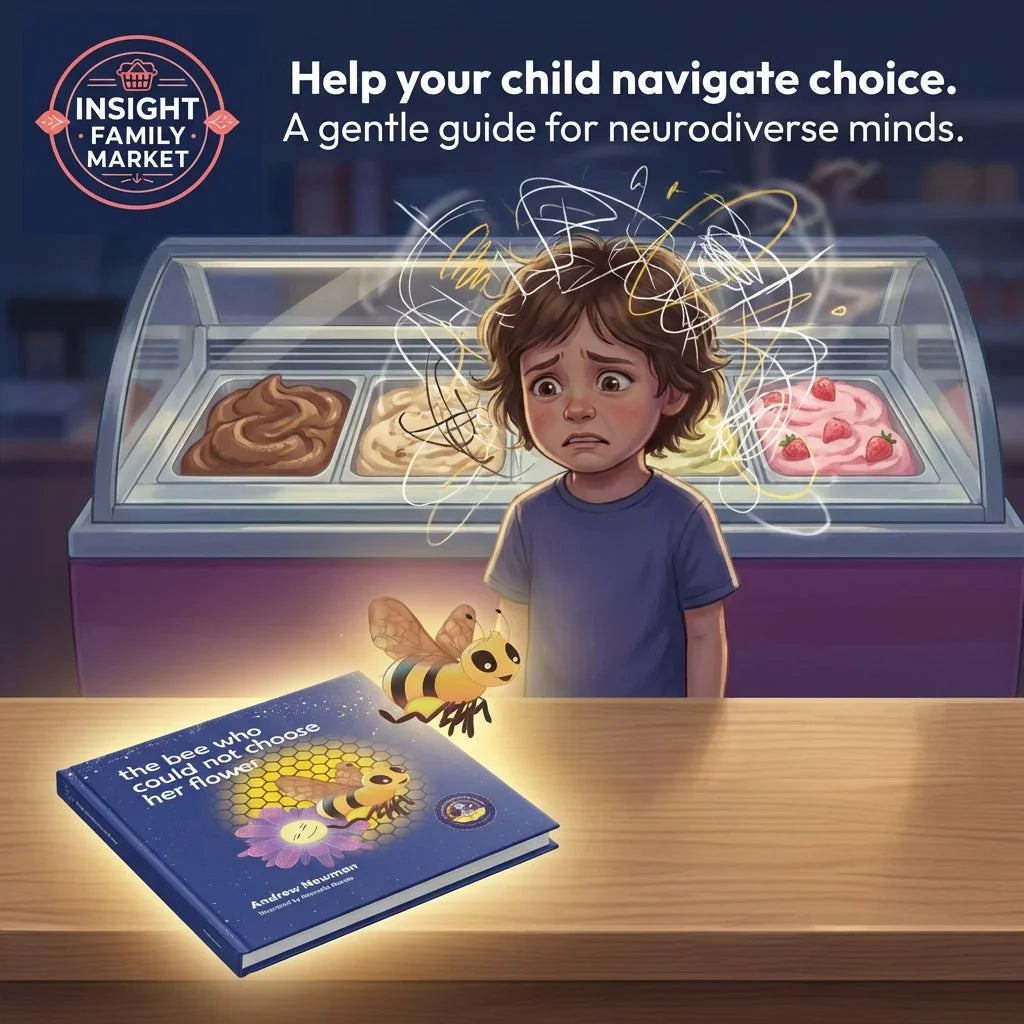 Anxious neurodiverse child facing decision at ice cream counter, next to book on choice guidance