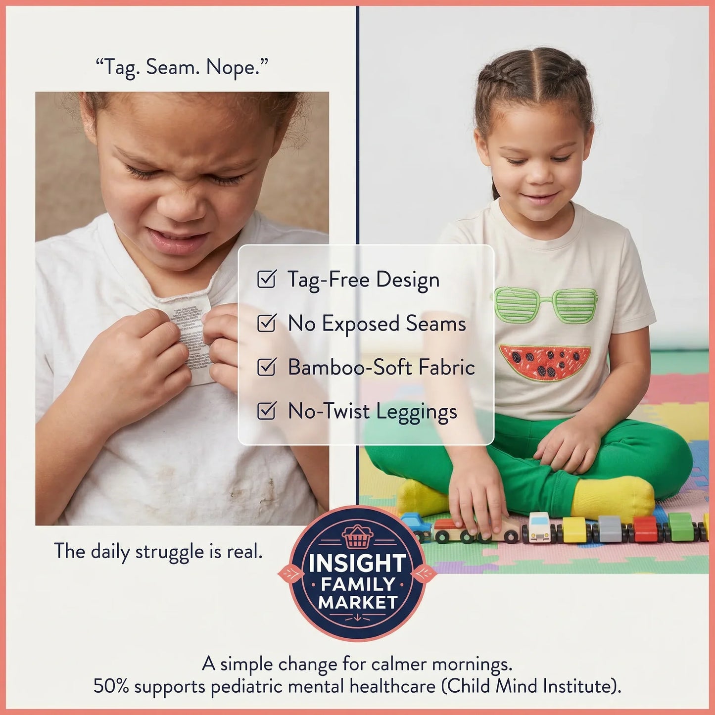 Children with clothing features and Insight Family Market branding.