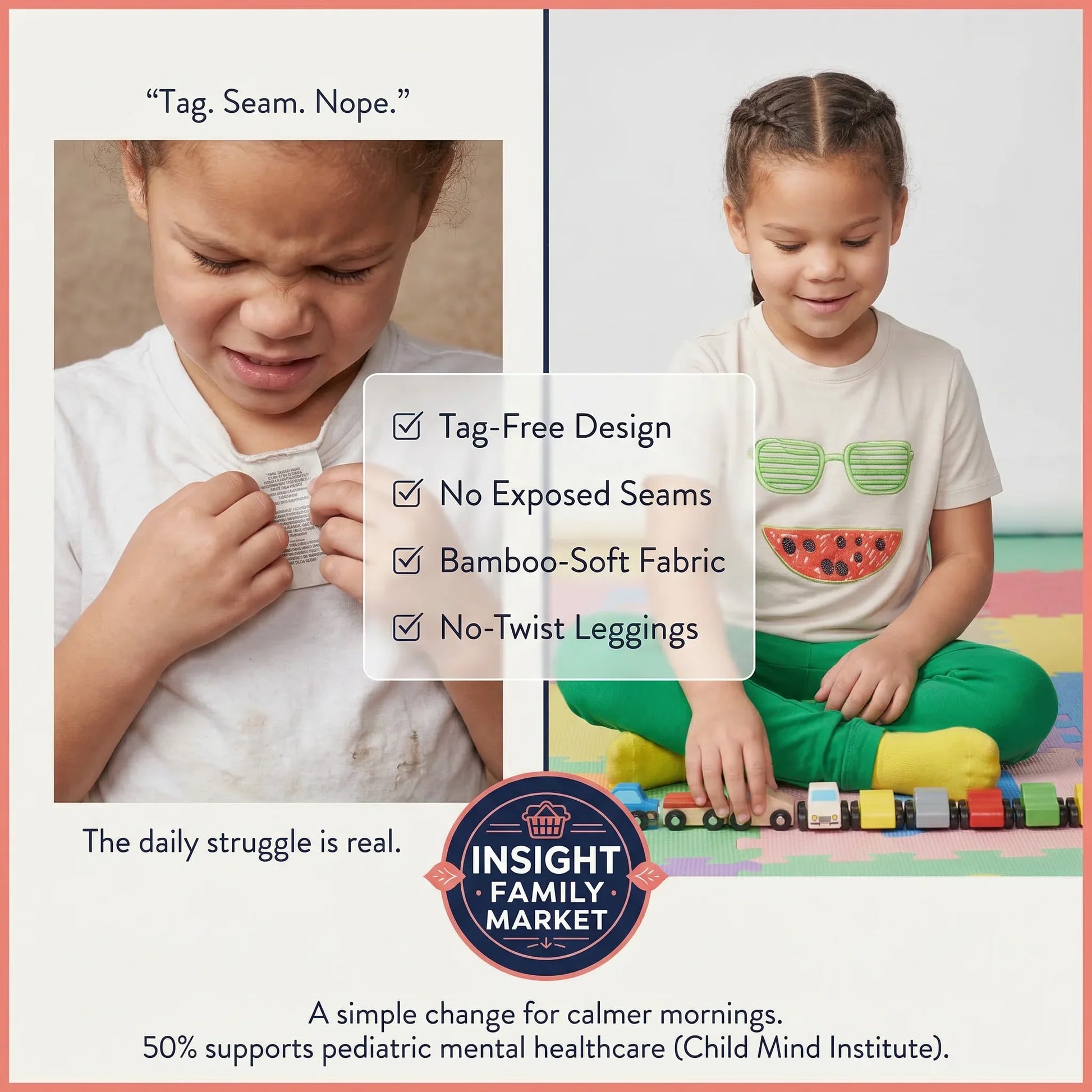 Children with clothing features and Insight Family Market branding.