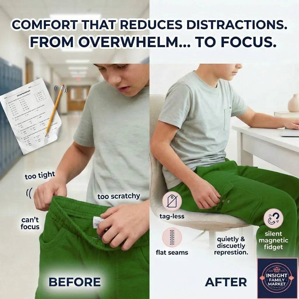 Before and after comparison of a child wearing green pants with text highlighting comfort improvements.