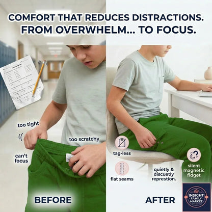 Before and after comparison of a child wearing green pants with text highlighting comfort improvements.