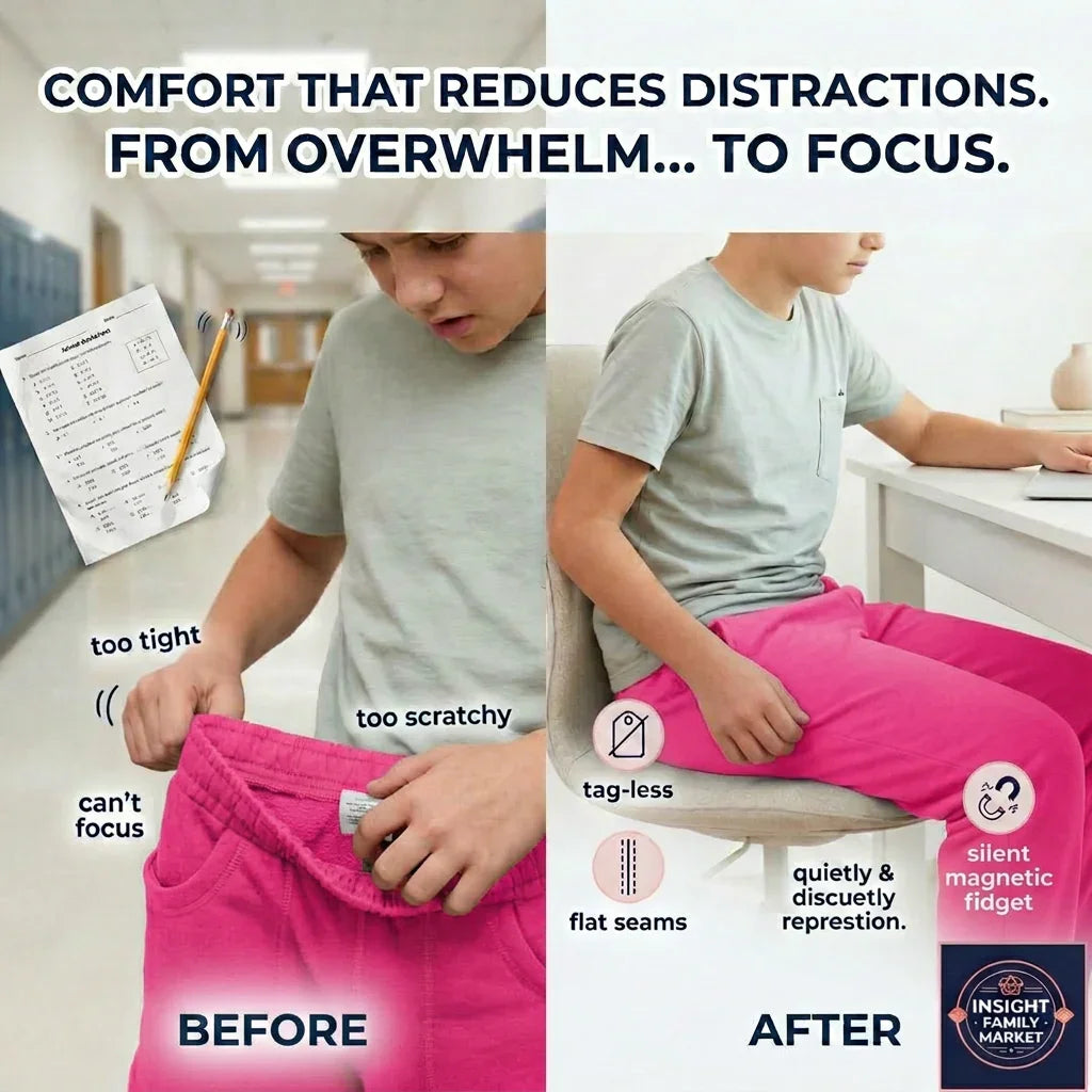 Side-by-side before and after showing sensory-friendly pants for kids with ADHD and autism; left shows discomfort, right shows improved focus and comfort in pink tagless, flat seam pants.