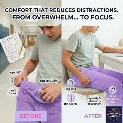 Before and after comparison of a child wearing pants with discomfort issues and then sitting on a chair with a fidget feature.