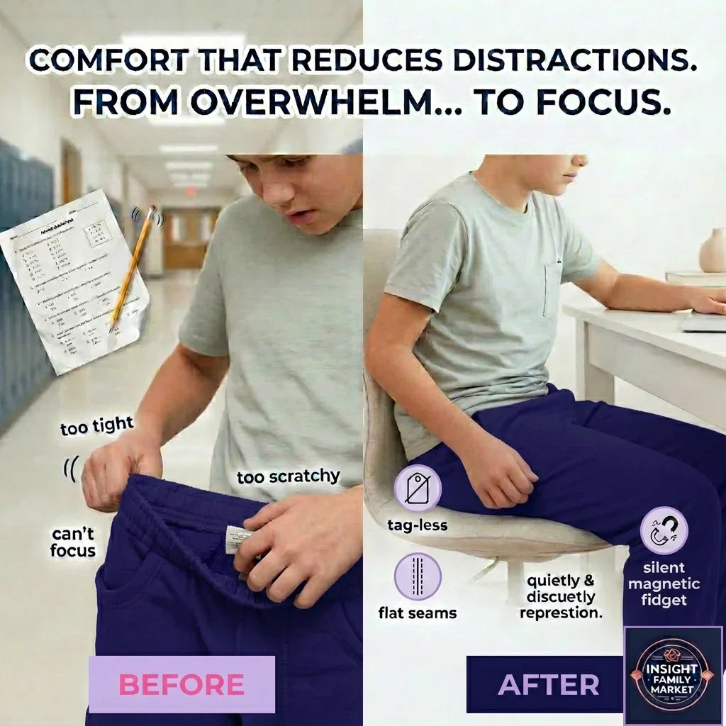 Before and after comparison of a child wearing pants with text highlighting comfort improvements.