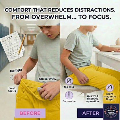 Before and after comparison of a child wearing yellow pants with text about comfort improvements.