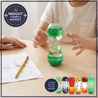 Child with sensory liquid timer for calming, focus, and emotional regulation support