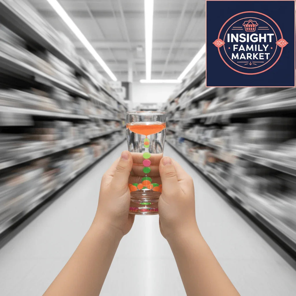 Child holding sensory calming liquid timer in busy store aisle, sensory support product