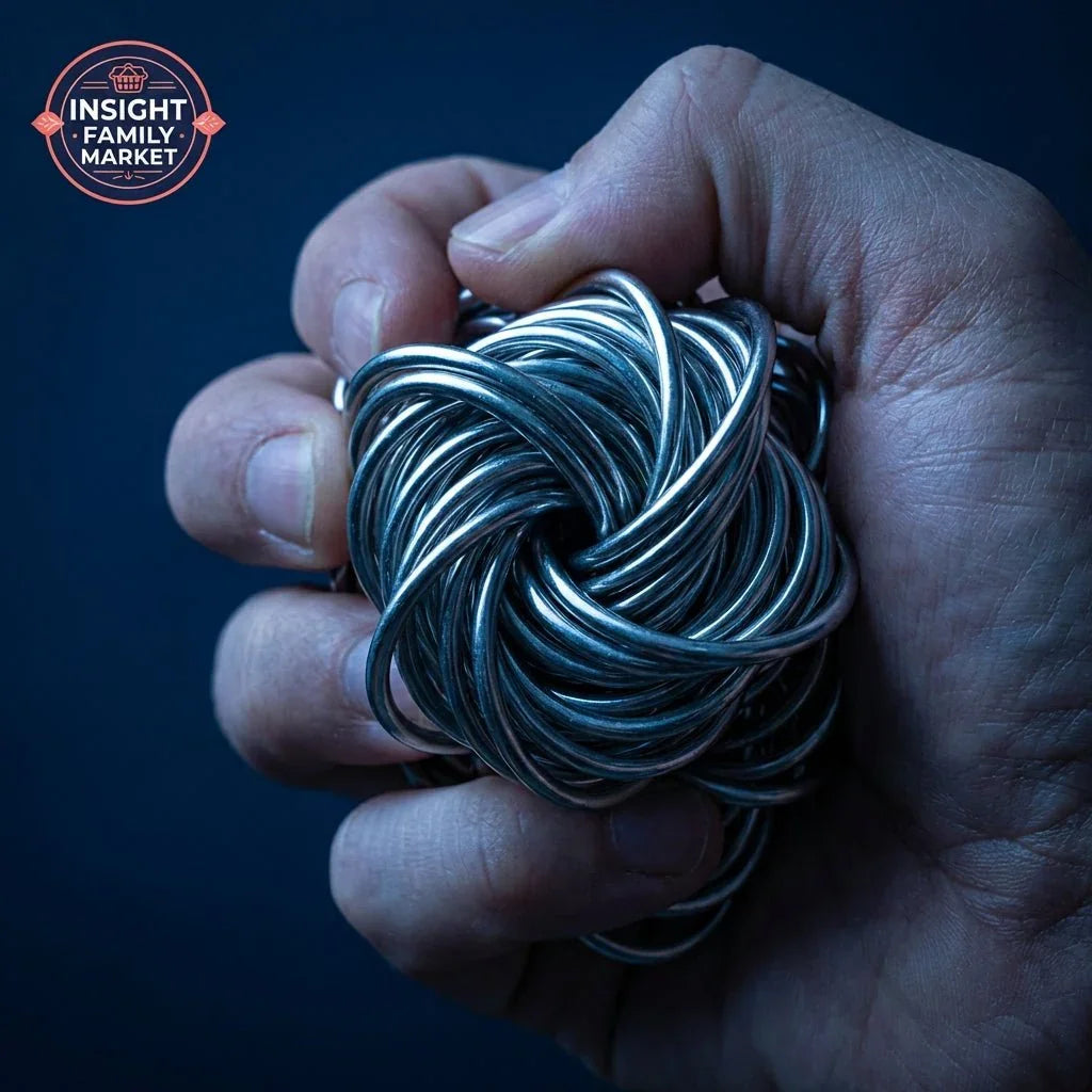 Hand gripping a sensory fidget metal ring for ADHD and autism stress relief