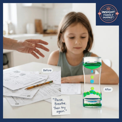 Child using sensory liquid motion timer for focus, with before and after homework scene
