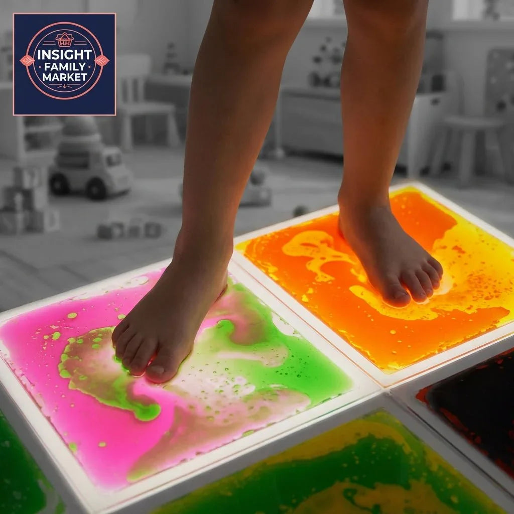 Child standing on colorful sensory liquid floor tiles in a playroom, sensory support tool