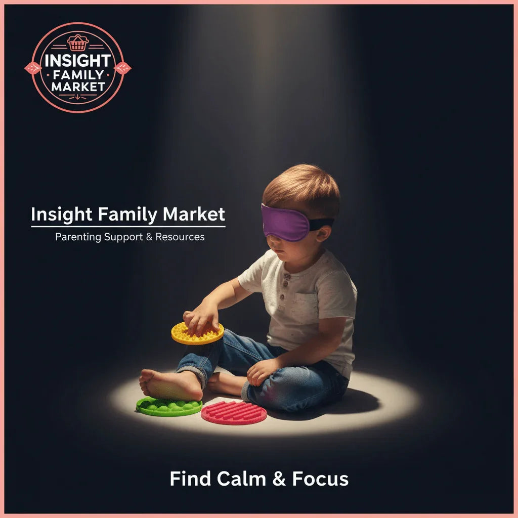 Child wearing purple eye mask plays with sensory fidget toys in spotlight, calm focus setting.