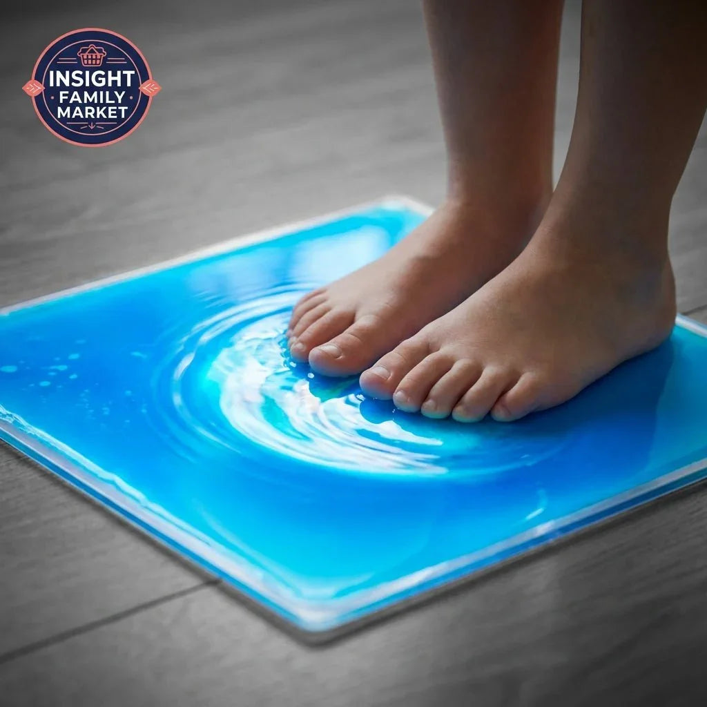 Child's bare feet standing on blue sensory tile for calming sensory play
