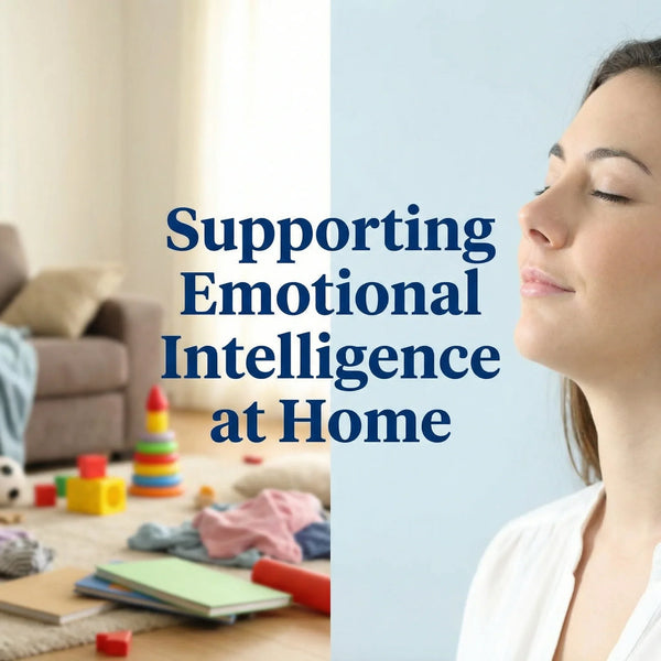 Woman relaxing beside a messy living room, text reads 'Supporting Emotional Intelligence at Home'.