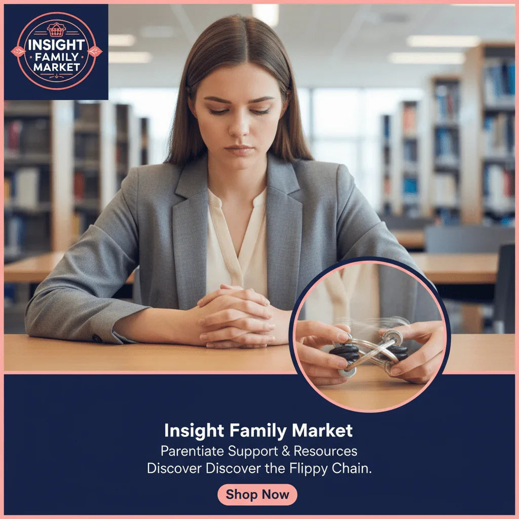 Woman using discreet fidget tool in office, promoting sensory-friendly focus aid.
