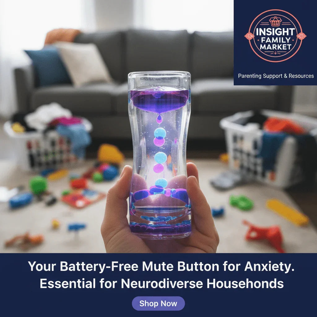 Hand holding purple sensory liquid timer in messy living room, calming tool for neurodiverse families