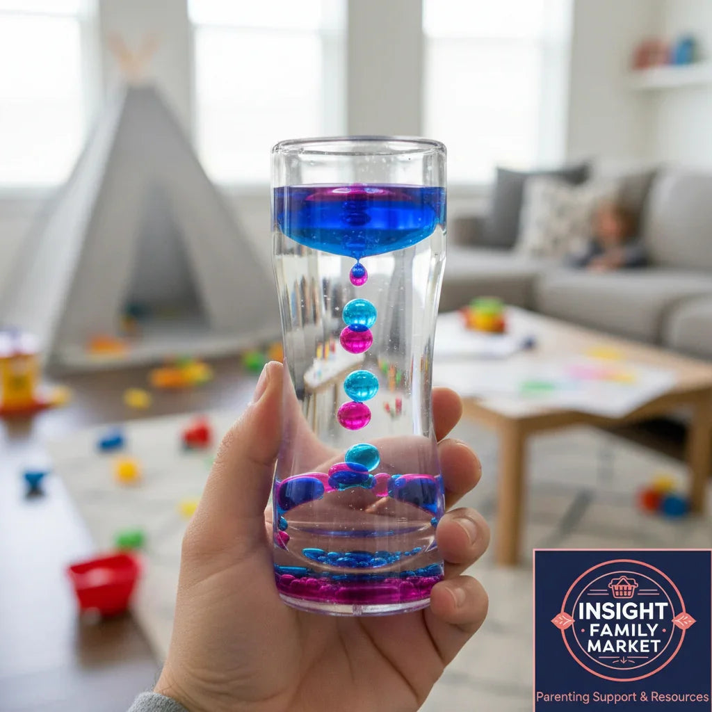 Hand holding a sensory liquid timer in a playroom with toys and a teepee in the background.