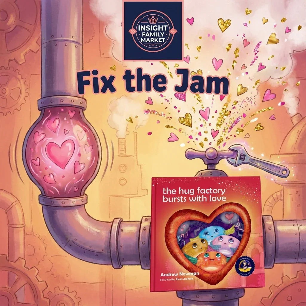 Whimsical illustration of a heart-shaped machine pipe with hearts bursting out, a children's book titled 'the hug factory bursts with love,' and text 'Fix the Jam.'