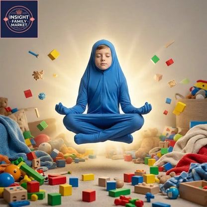 Child in sensory-friendly blue bodysuit meditating and levitating in playful toy-filled room
