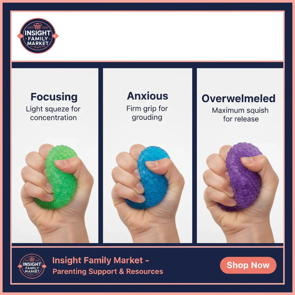 Three hands squeezing sensory stress balls—green for focus, blue for anxiety, purple for overwhelm.