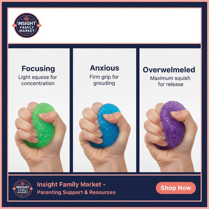 Three hands squeezing sensory stress balls—green for focus, blue for anxiety, purple for overwhelm.