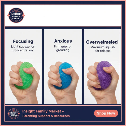 Three hands squeezing sensory stress balls—green for focus, blue for anxiety, purple for overwhelm.