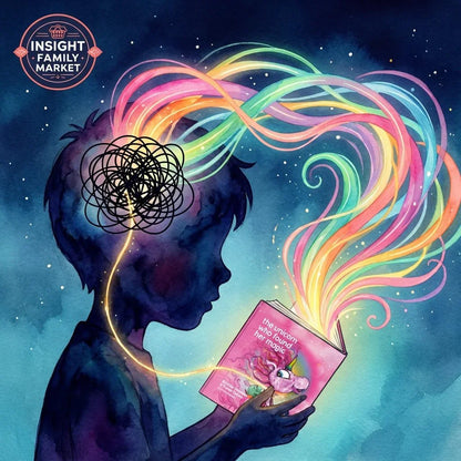 Child with tangled thoughts finds clarity and confidence through reading a colorful magic book