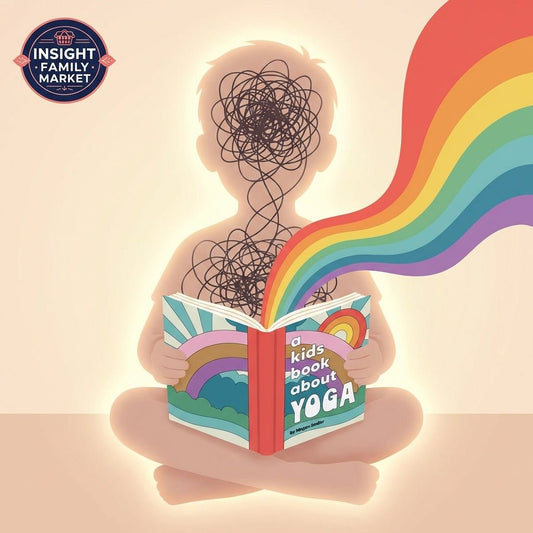 Child reading yoga book with scribbled face and rainbow, symbolizing calm and mindfulness