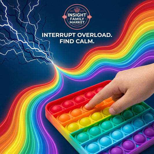 Colorful pop-it toy with a hand pressing it, against a dark blue background with rainbow waves and lightning.