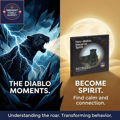 Illustration of roaring black panther in lightning next to calming children's book about emotions