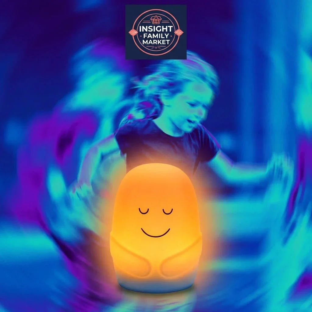 Sensory-friendly calming night light glowing, blurred child in background, soothing colors