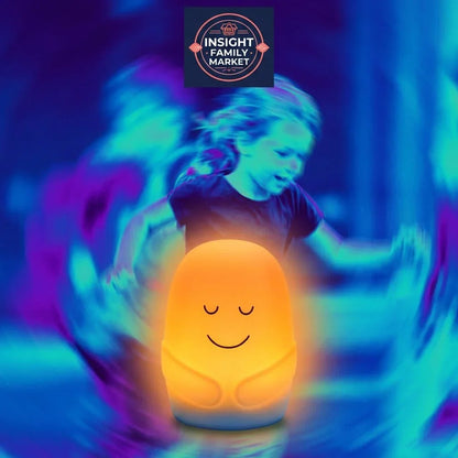 Sensory-friendly calming night light glowing, blurred child in background, soothing colors