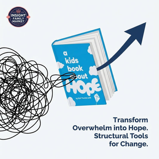 Illustration of a blue book titled 'a kids book about hope' turning scribbles into a clear upward arrow.