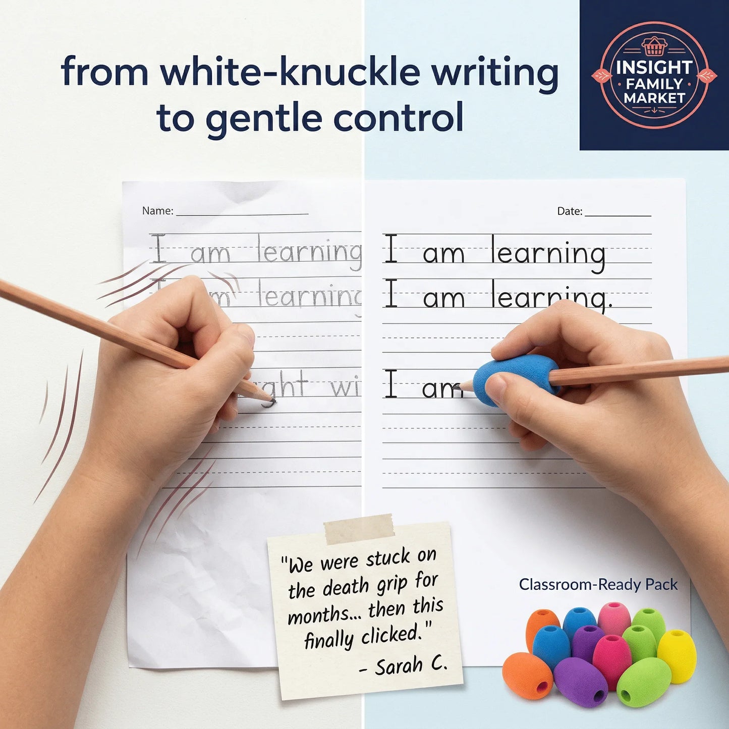 Comparison of a tight pencil grip versus a relaxed grip using a colorful pencil grip aid, improving handwriting control.