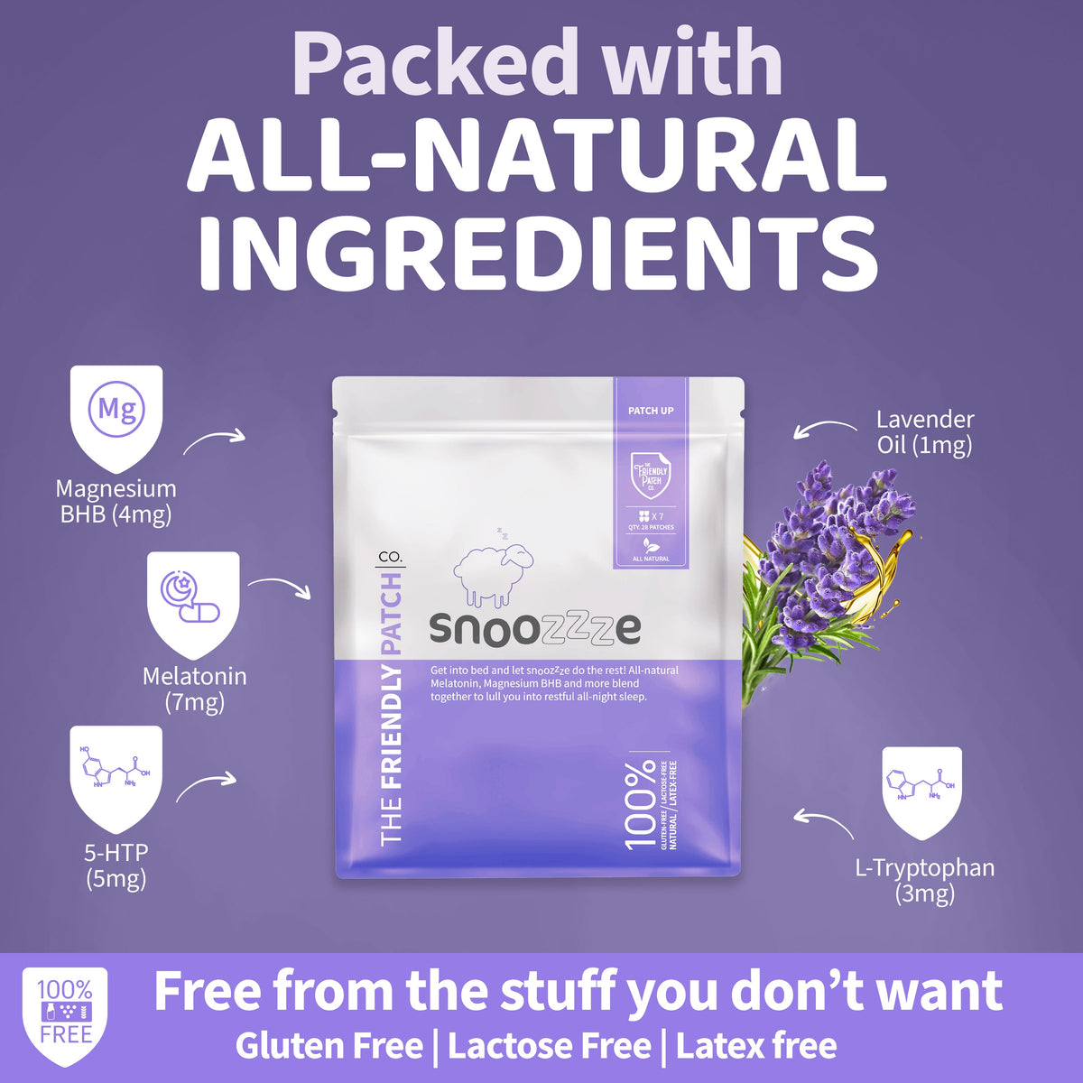 Snooze patch packaging with natural ingredients on a purple background
