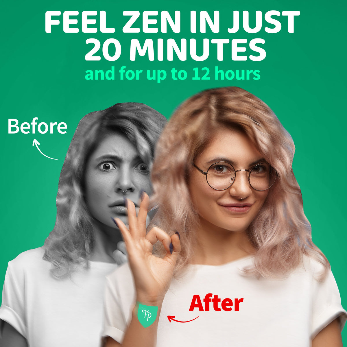 Person with text 'Feel Zen in Just 20 Minutes' on a green background