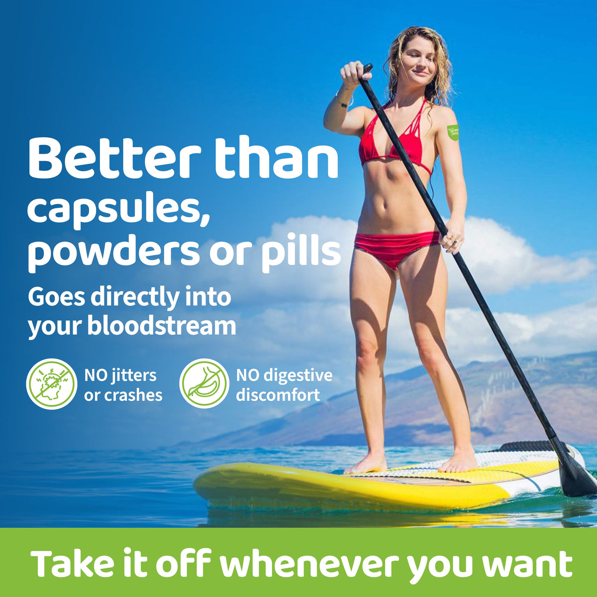 Woman on a paddleboard with promotional text about a product, set against a scenic background.