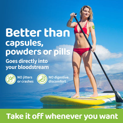Woman on a paddleboard with promotional text about a product, set against a scenic background.