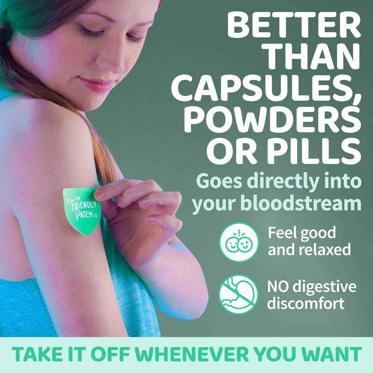 Woman applying a patch on her arm with promotional text about its benefits.