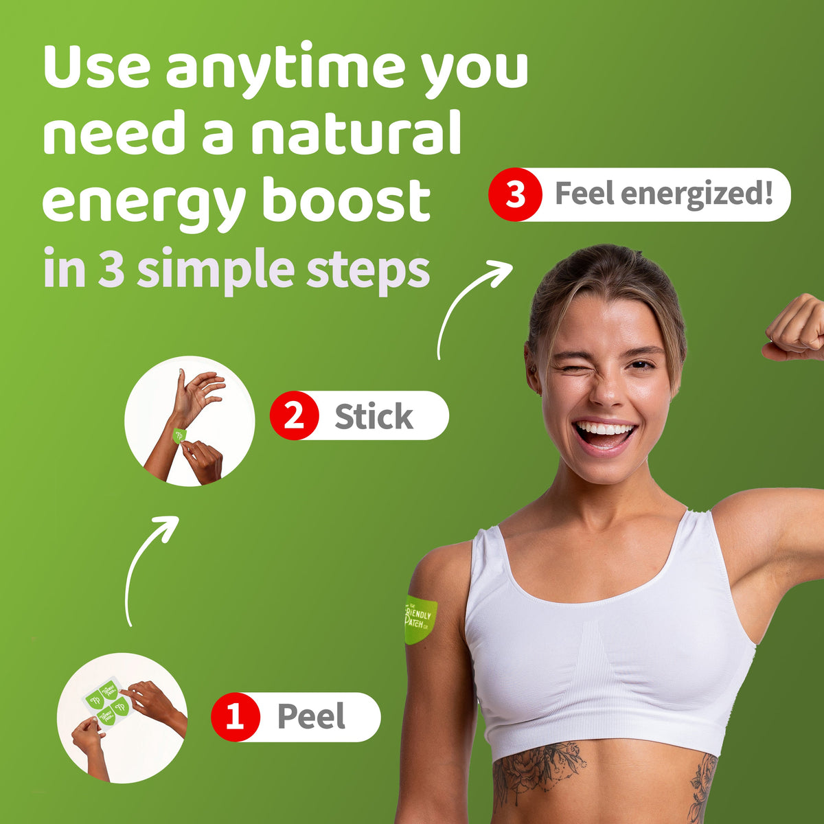 Woman with a green energy patch on her arm against a green background with text about natural energy boost.